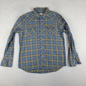 TECOVAS Western Snap Button Shirt Mens Large Blue Yellow Plaid Flap Pocket